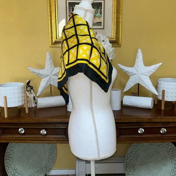Vtg Givenchy Authentic 100% Silk Bright Yellow & Black Square Print Scarf